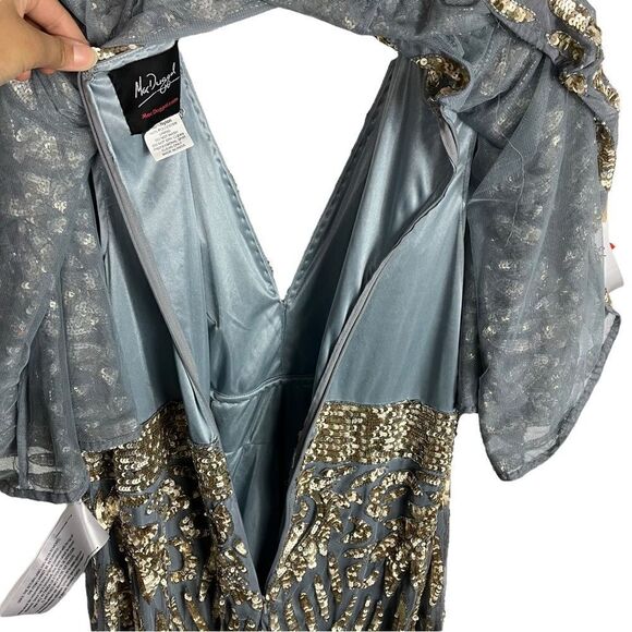 Mac Duggal Dress 20W Gold Blue Embellished Cape Sleeve Cocktail Metallic Sequin - Picture 10 of 11